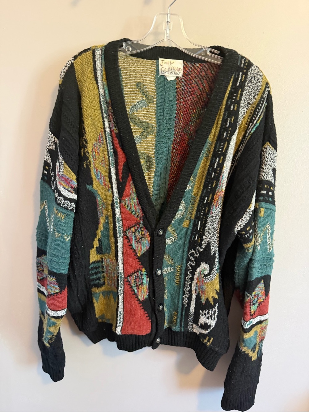 London Fog Sweater Vintage Coogi Style 3D Knit Cardigan Size XL
